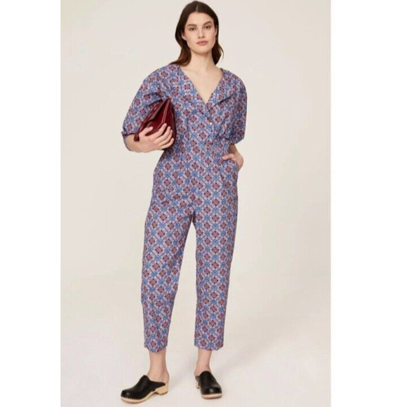 Rachel Comey Holt Geometric Print Purple Blue Puff Sleeve Ankle Jumpsuit Size 6 - Picture 1 of 14
